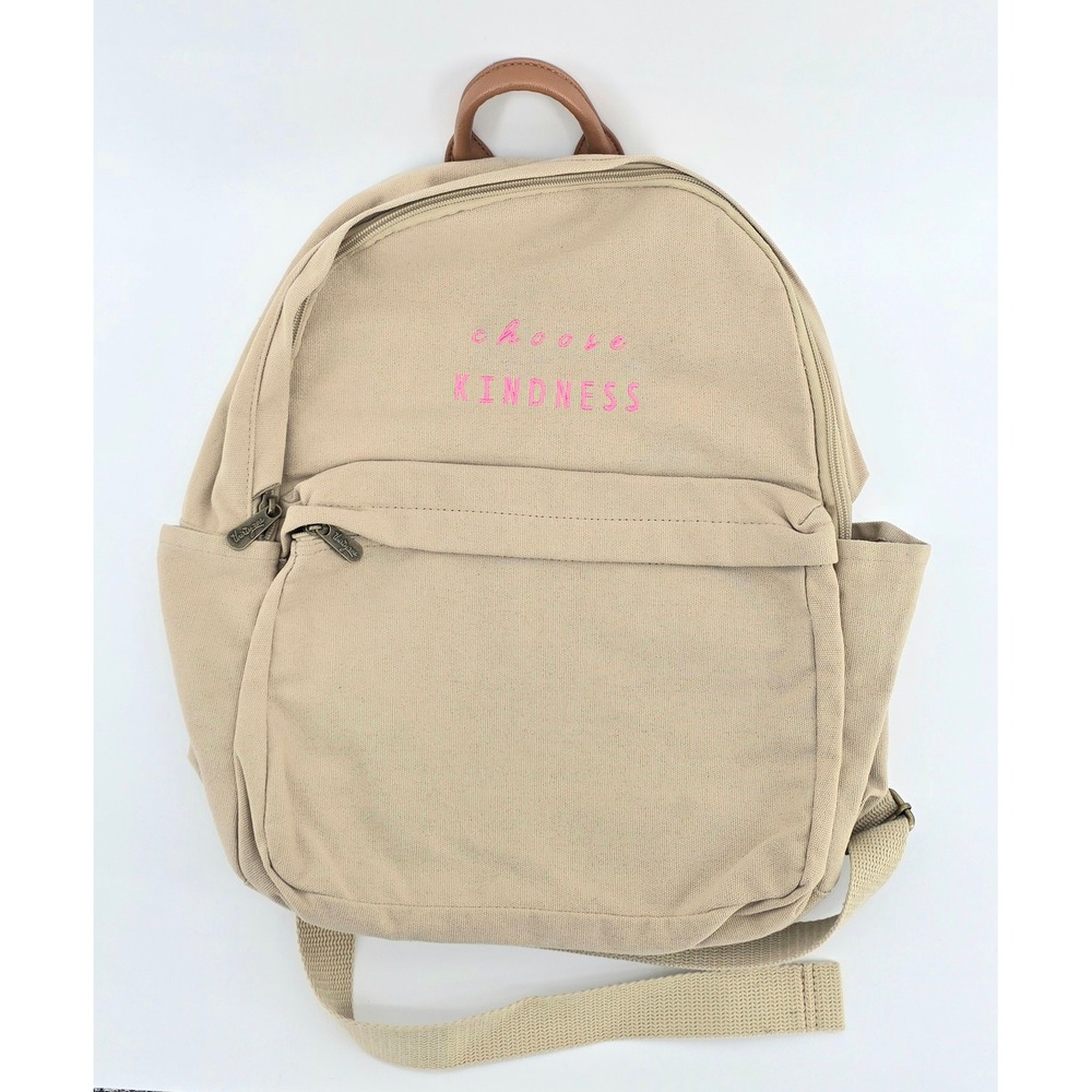 Thirty One Choose Kindness Tan Canvas Backpack Women School Travel Embroidered